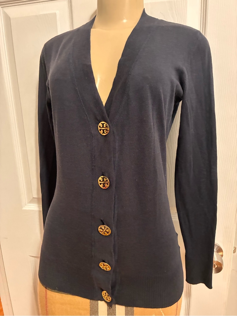 Tory Burch Navy Button-Front V-Neck Cardigan with Logo Buttons